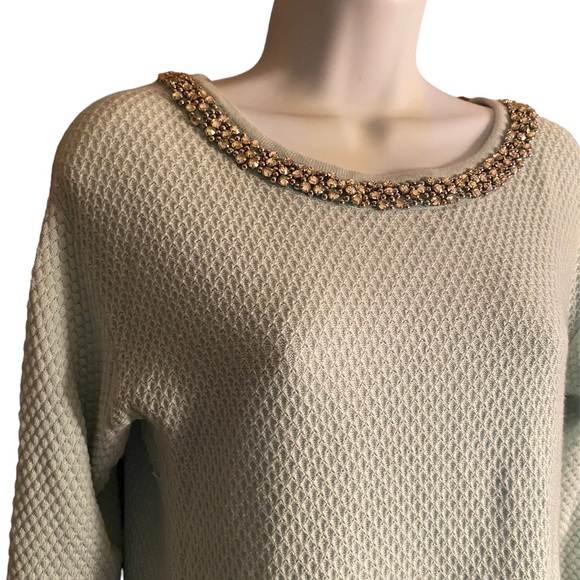 Hinge Nordstrom jeweled neckline waffled 3/4 sleeved split back knit sweater XS - Picture 5 of 11